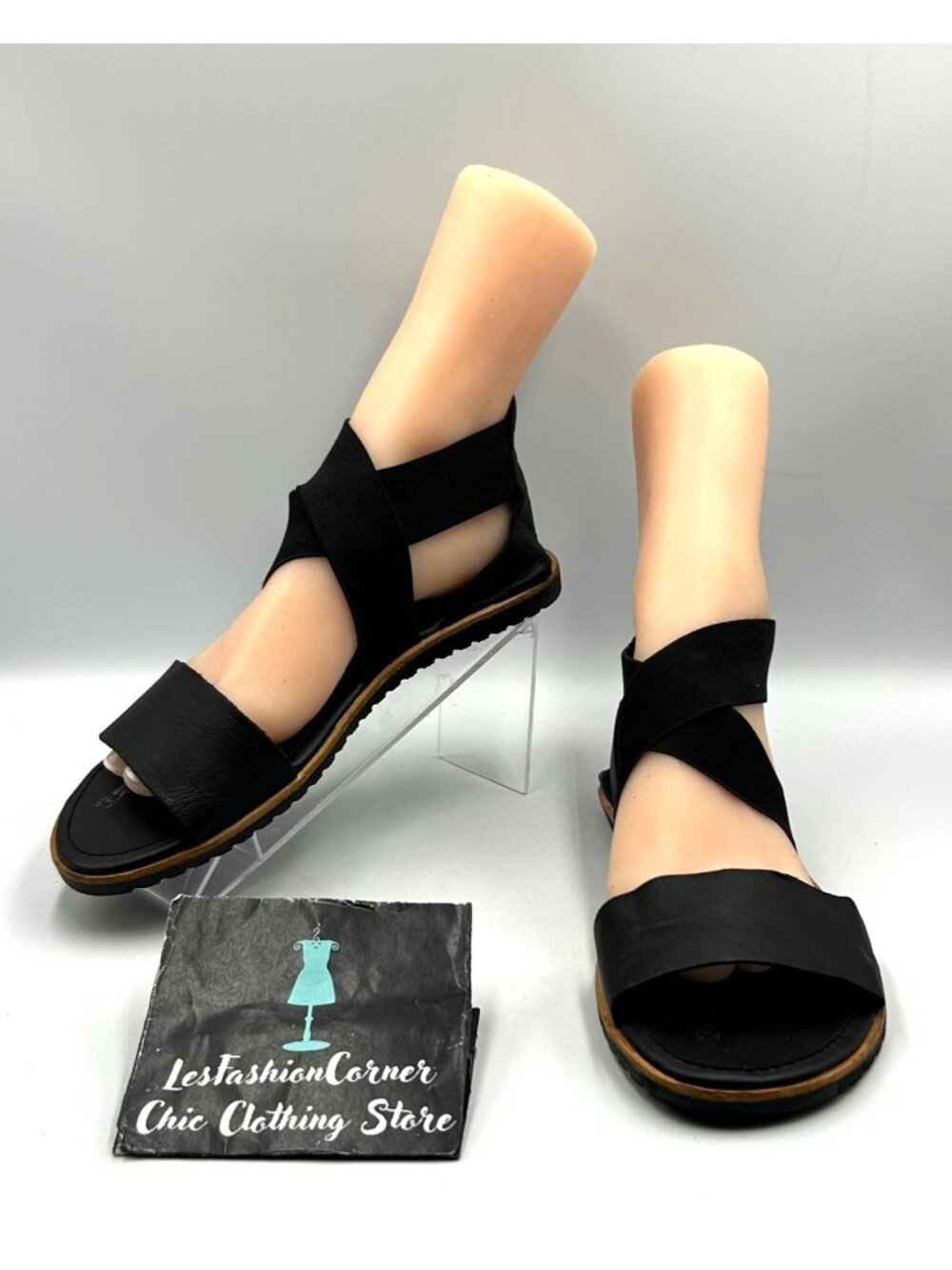 Sorel Women's Black Leather Ella III Crisscross Elastic Straps Sandals Sz 9.5 35